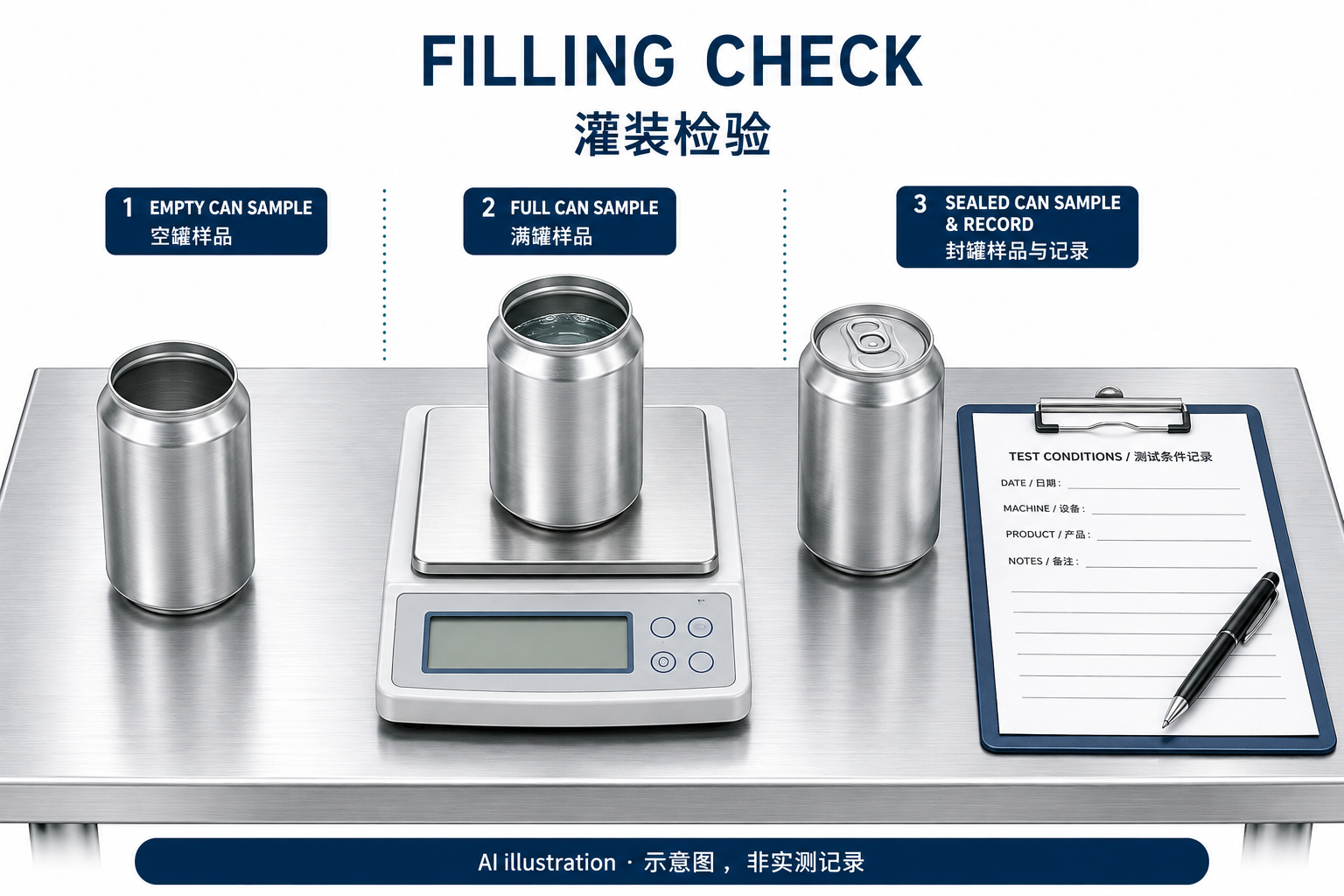 AI 灌装检验示意:空罐、满罐称重与测试条件记录