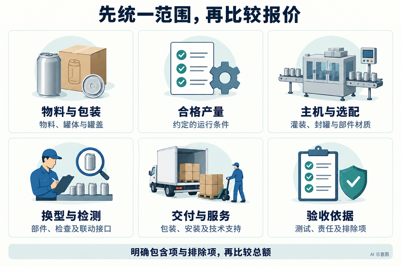 报价比较的六类范围:物料包装、合格产量、主机选配、换型检测、交付服务及验收依据,AI 示意图
